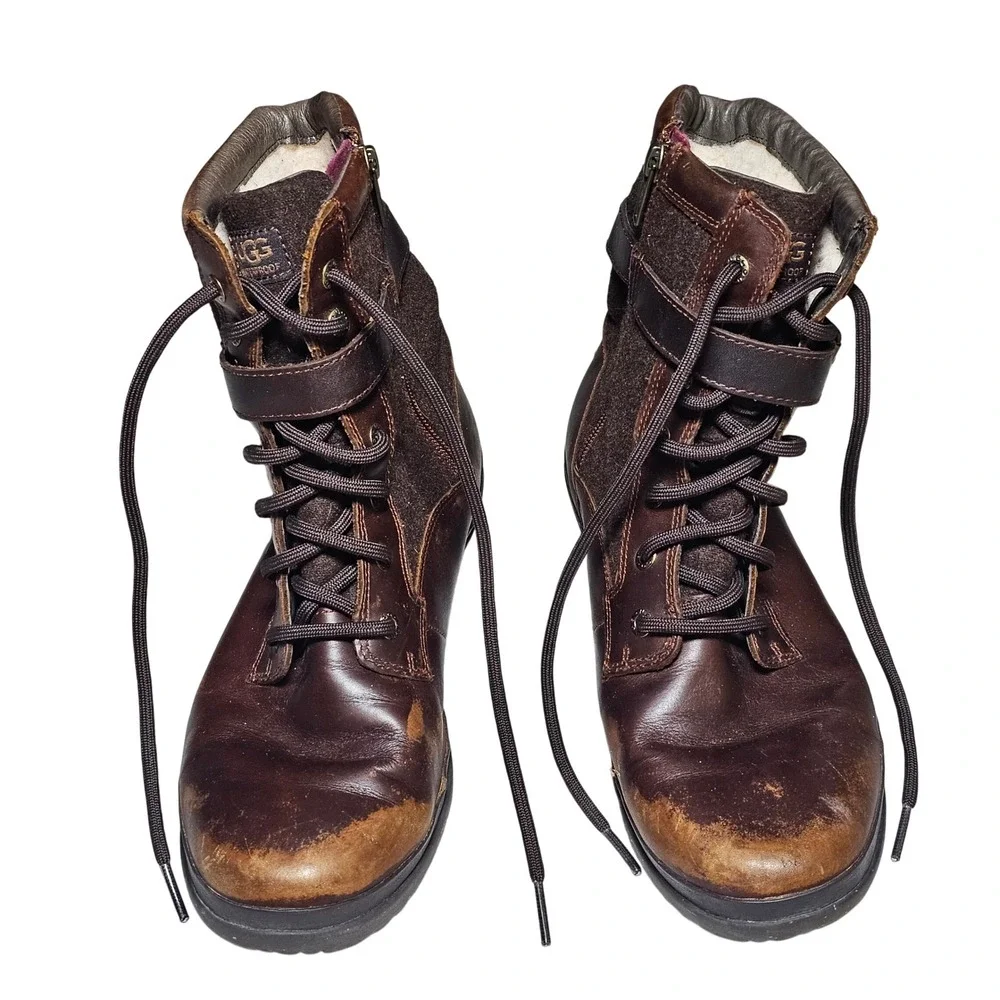 UGG Waterproof Brown Leather Wool Lined Boots Men's 9.5 Zip Lace Up Combat Style